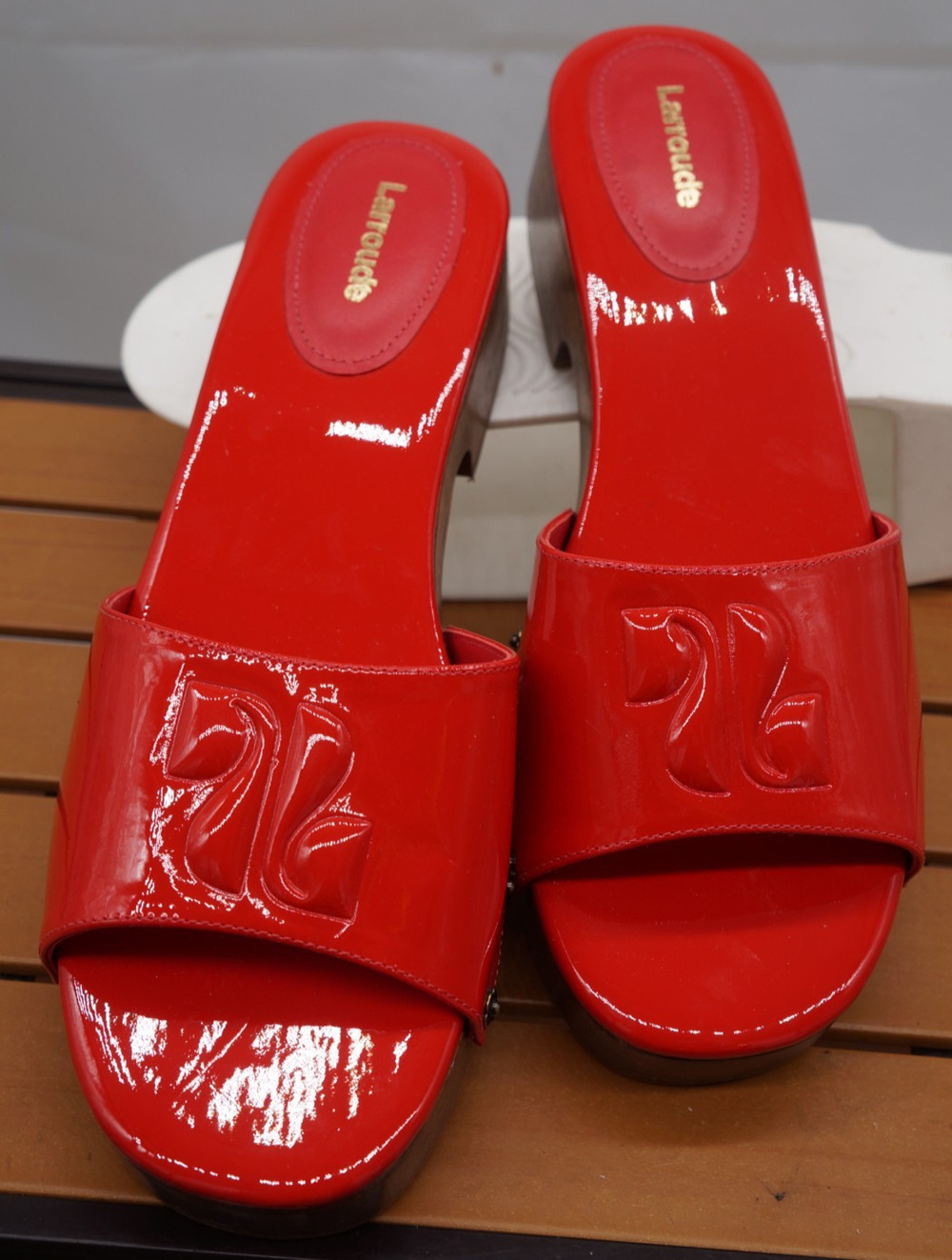 Larroudé Zuzi Platform Clog Sandal Red Patent Leather Slide Mule Wood Wedge 9.5
